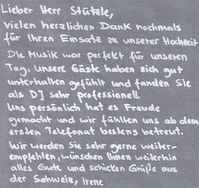 DJ Villingen-Schwenningen was Kunden über uns sagen Referenz Schreiben vom Hochzeitsdj Oberschwaben